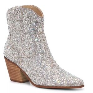 Betsey Johnson Emory Rhinestone Western Boot, Size 8, Silver